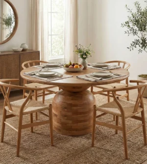 1 Acacia Wood Round Dining Table Set – Table with 4 Chairs