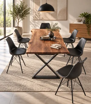 Walnut Acacia Live Edge Dining Table with X Metal Base