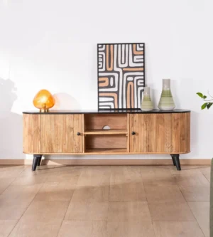 Elara Solid Acacia Wood TV Stand – Black Top & Legs