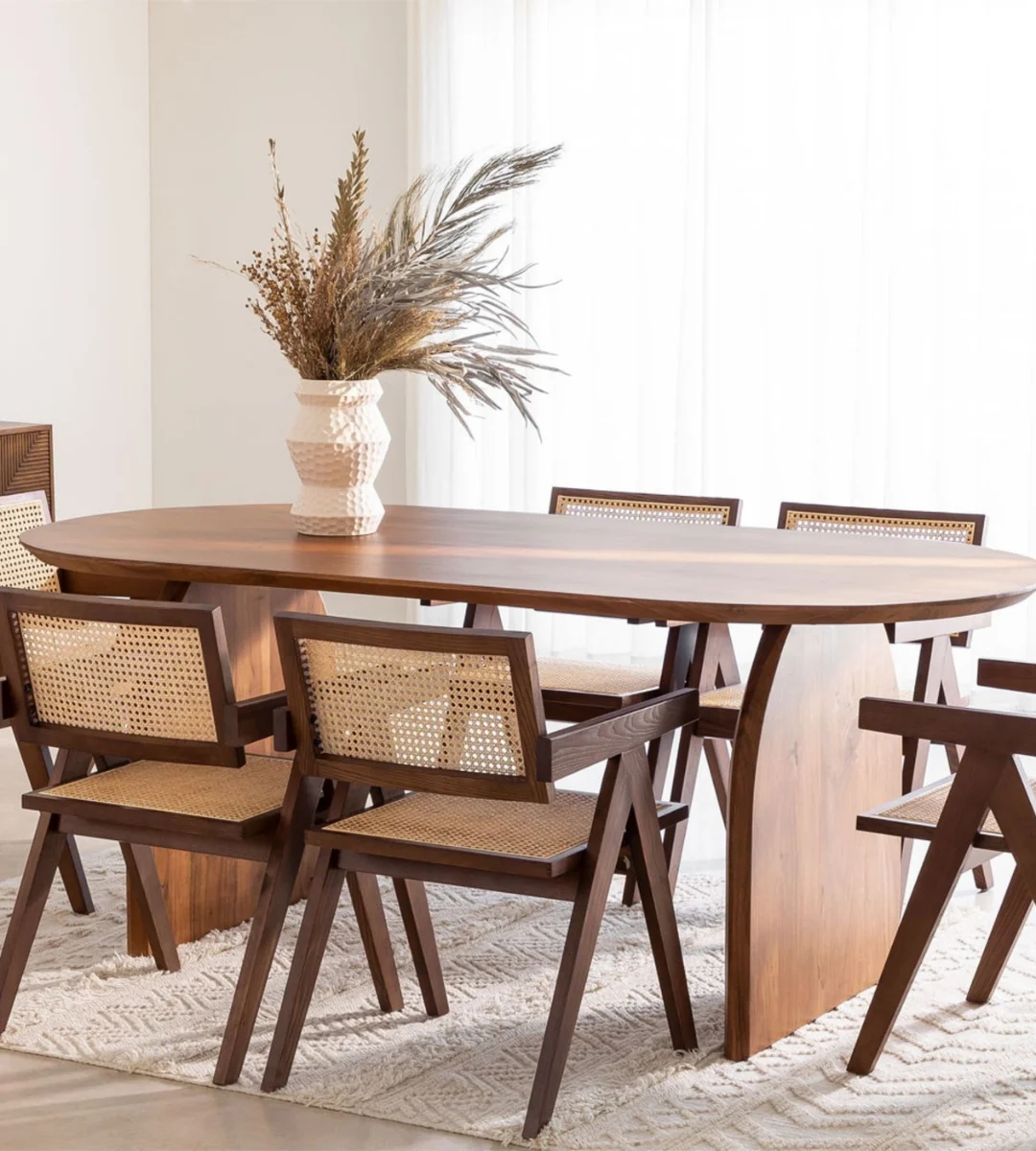 Natural Oval Solid Wood Dining Table – Sculpted Pedestal Base