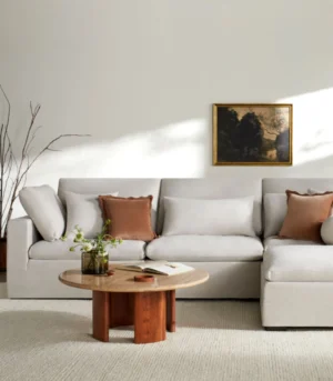 Velmora Travertine Round Acacia Coffee Table