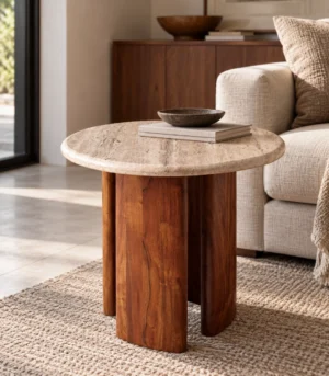 Solviera Travertine Round Acacia End Table